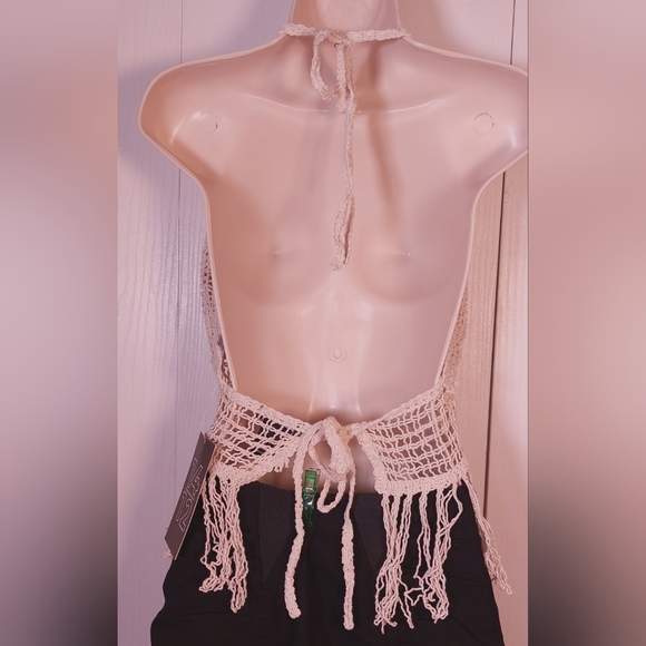 1412 Crochet Fringe Halter Top NWT Size XL 100% Cotton Open Back Boho Western - Picture 2 of 7